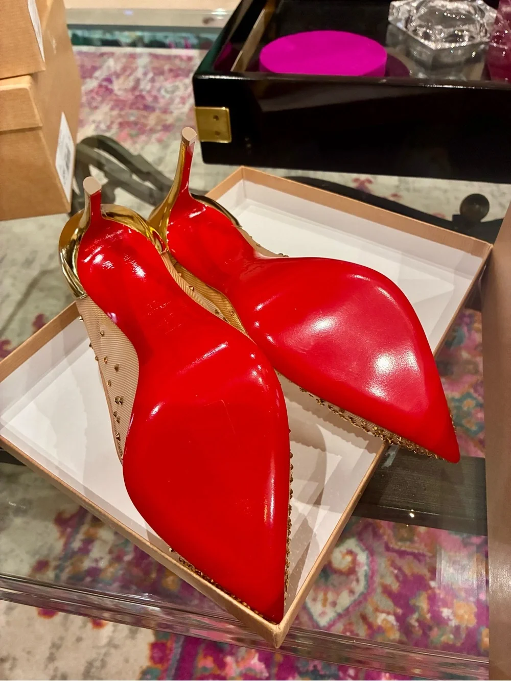 Christian Louboutin Sheer Gold Mesh Crystal-Embellished Pointed Pumps